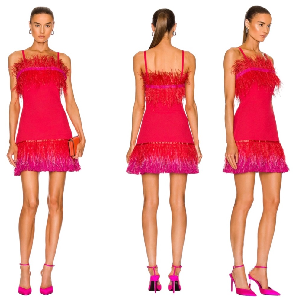 STAUD Etta fringed feather embellished minidress In Blood Orange $345 SZ M